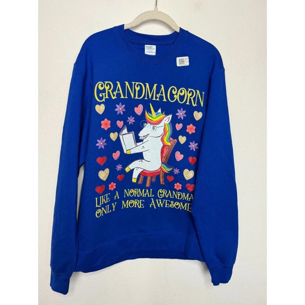 Port & Company Medium Grandmacorn Unicorn Sweatshirt Blue Crewneck Long Sleeve